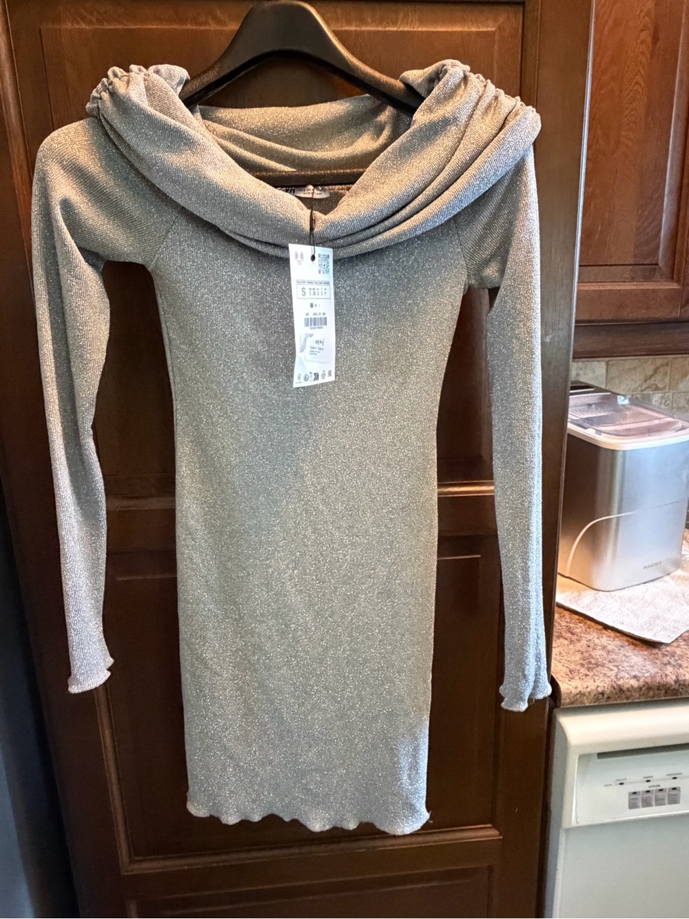 Zara Silver Sparkle Long-Sleeve Cowl Neck Dress